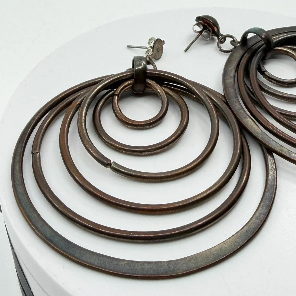 Copper Tone Concentric Multi Hoop Dangle Earrings Boho Artisan Statement Gift